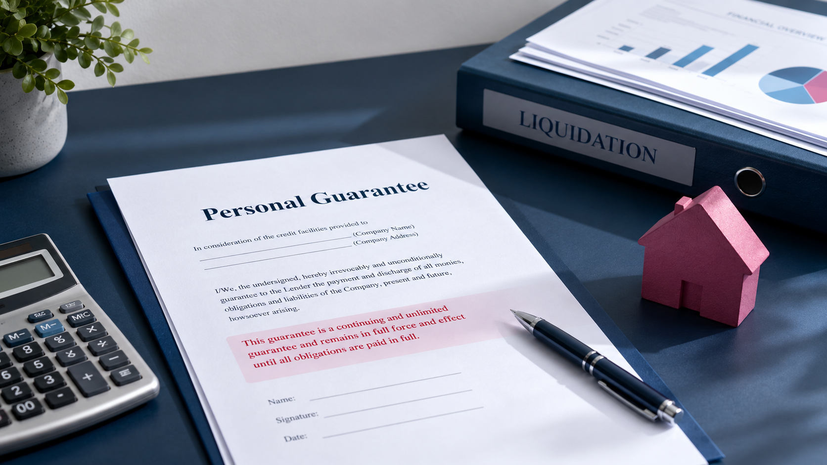 Personal guarantee document beside a liquidation file and model house