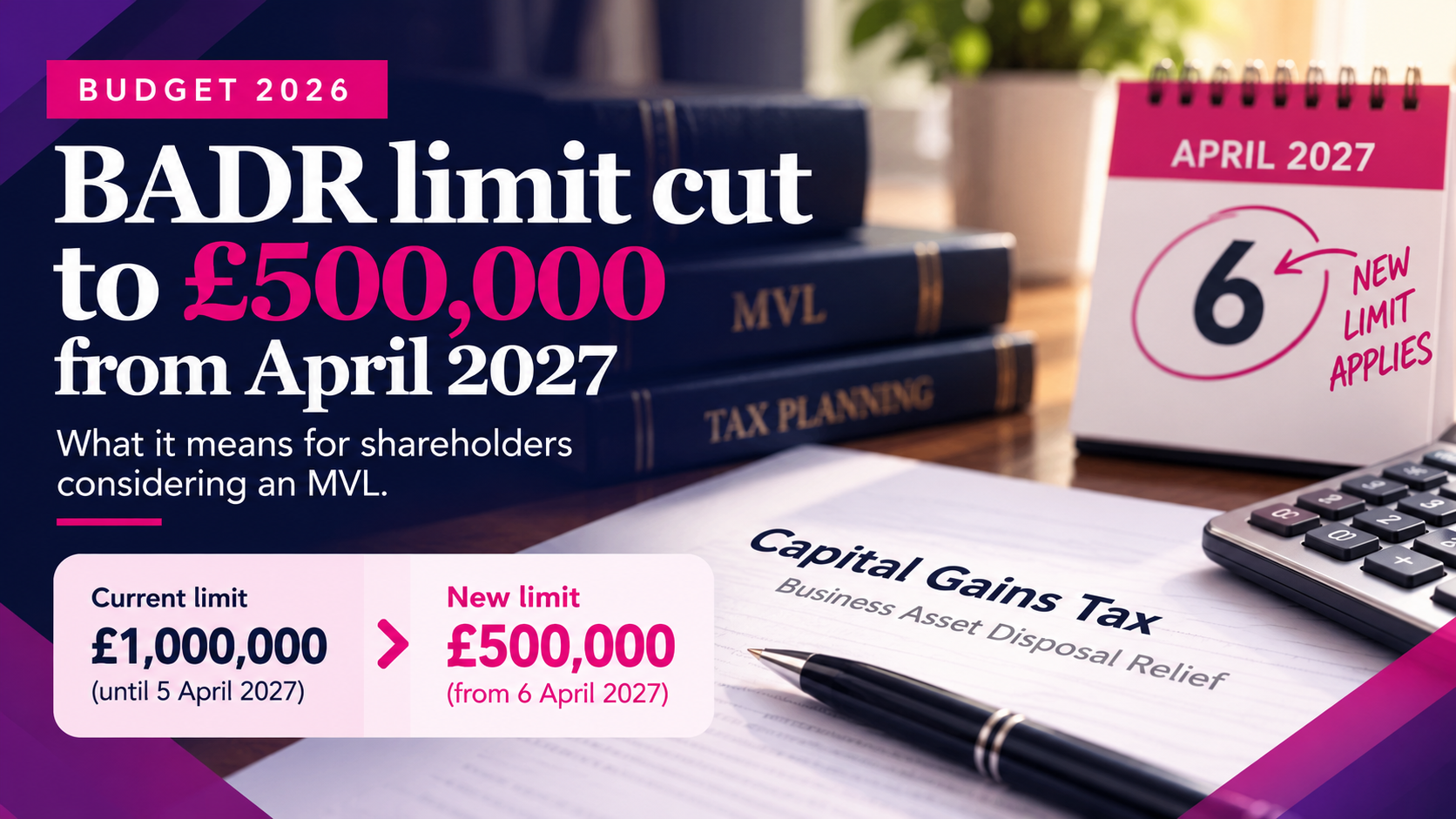 Budget 2026 BADR lifetime limit reduced from £1 million to £500,000 from 6 April 2027