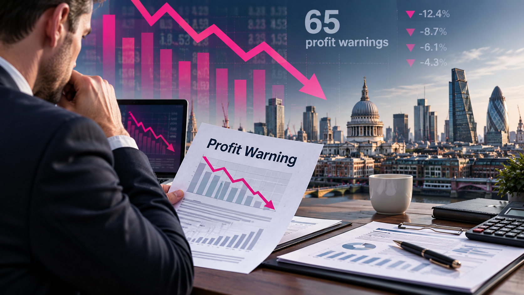 UK business financial pressures illustrated by falling profit charts and a director reviewing company accounts.